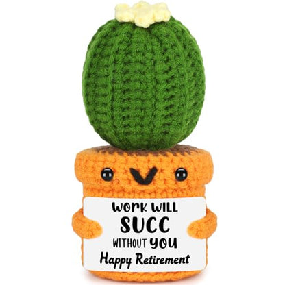 Retirement Gifts for Coworker Boss Women Men, Funny Handmade Cactus Crochet Desk Decor for Woman Friends Teacher, 2026 Happy Retirement Party Decoration, Best Retired for Mom Nurse Leaving Goodbye - style: Happy Retirement