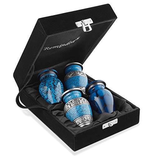 Reminded Small Cremation Urns for Human Ashes, Mini Keepsake Set of 4 Blue and Silver with Velvet Case - color: Blue