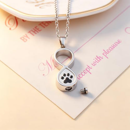 Infinity Pet Urn Necklace for Ashes Dog Cat Paw Print Eternal Love Cremation Jewelry Keepsake Ashes Necklace Stainless Steel Memorial Urn Pendant Necklace Infinite Shape Funeral Urn Necklace - color: Silver