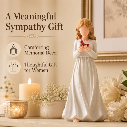 Angel Figurine, Cardinal Gifts for Loss of Loved One | Hand-painted resin angel with red cardinal bird, thoughtful memorial & grief sympathy gift for women, home decor