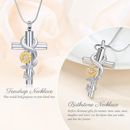 Urn Necklace for Ashes Sunflower Cross Necklace Cremation Jewelry Ashes Necklace for Human Women Pets Sunshine Pendant Keepsake Jewelry for Ashes - color: Silver-gold White