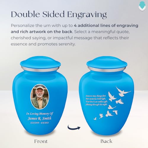 Geturns Embrace Adult Personalized Doves Cremation Urns for Human Ashes I Large Picture Racing Blue Funeral Urn for Adult Men and Women with Double Side Engraving I 200 lbs - color: _Racing Blue (Double Sided)