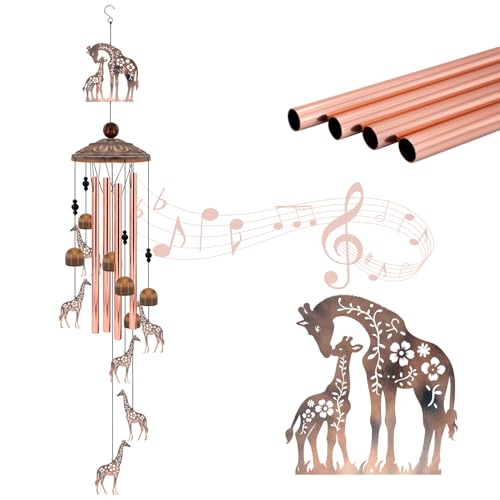 35" Giraffe Wind Chimes for Outside Heartwarming Gift for Mom | Rustic Copper Mother & Baby Giraffe Silhouette Decor with 6 Pendants - Elegant Windchime for Outside for Animal Lovers - size: 35"Giraffe