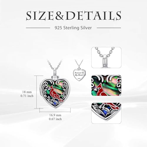 TOUPOP Heart Urn Locket Necklace for Ashes and Pictures 925 Sterling Silver Locket Cremation Jewelry with Abalone Shell Keepsake Memorial Gifts for Women（That Holds Pictures and Ashes） - style: Cardinal