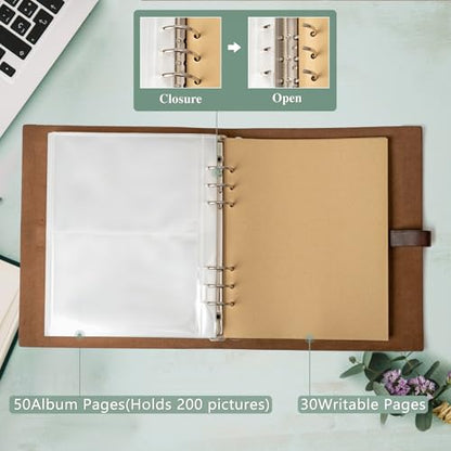Photo Album 4x6 200 Photos, Genuine Leather Albums Page Refillable with 30 Pieces Writing Paper, Best Gift for Travel Wedding Kids Graduation Baby Picture Album Scrapbook - color: Coffee Love