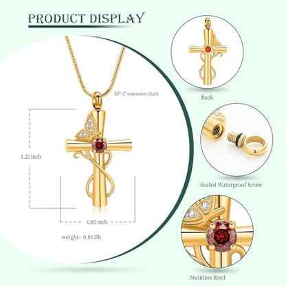 Butterfly Cross Cremation Jewelry Urn Necklaces Cross Butterfly Urn Necklaces for Ashes Memorial Keepsake Pendant for Women Men Gifts With Funnel Kit & Bag - color: Gold+Red