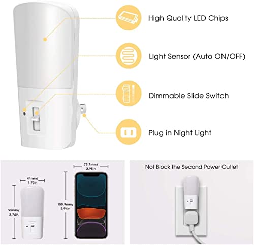 LOHAS-LED Plug in Night Light, Dimmable LED Night Lights Dusk to Dawn 2Pack | Soft White 3000K Sleep Nightlight, Adjustable Brightness 5-80lm Mini Light for Nursery Kids Room Hallway Kitchen - color: Warm