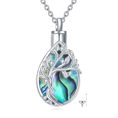 Diamond Tree of Life Urn Necklace for Ashes 925 Sterling Silver Family Tree of Life Cremation with Funnel Filler Ash Holder Keepsake Memorial Jewelry Gifts for Women,18+2 inch - style: Style 1-Abalone Shell