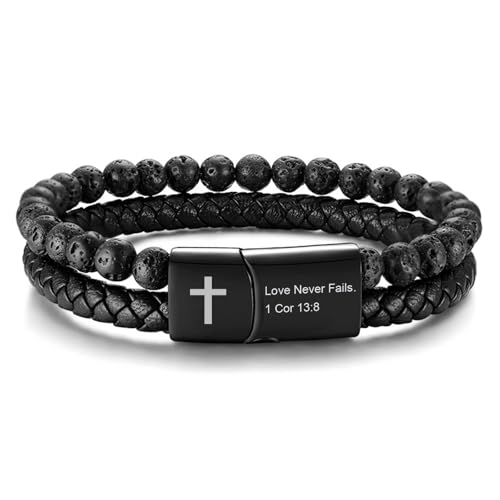 Men's Cross Bracelet for Men : Inspirational Bible Verse Black Leather Bracelets Christian Catholic Religious Jewelry Gifts Ideas for Man, Healing Lava Rock Bead Cross Bracelet Leather Wristband - color: Love Never Fails..., size: Small(fit 5.7" to 6.6" w