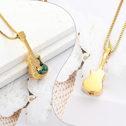 XSMZB Guitar Urn Necklace for Ashes for Women Men Abalone Shell Cremation Jewelry Human Pet Ashes Keepsake Pendant for Guitar Players - color: Gold