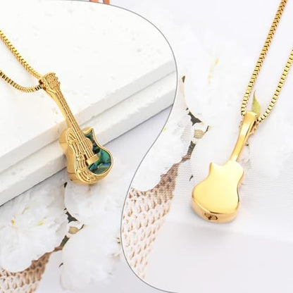 XSMZB Guitar Urn Necklace for Ashes for Women Men Abalone Shell Cremation Jewelry Human Pet Ashes Keepsake Pendant for Guitar Players - color: Gold