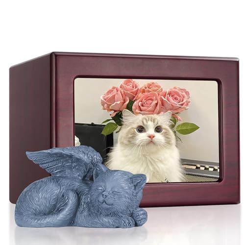 Cat Urn for Ashes, Wooden Keepsake for Ashes with Photo Frame | Cherry Red Cremation Box with Resin Angel Statue and Sealed Storage Bags (60lbs)