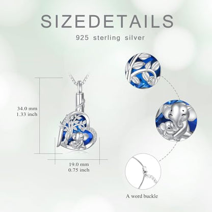 925 Sterling Silver Urn Necklace for Ashes, Teardrop/Tree of Life/Sunflower/Dragonfly/Sea Turtle/Celtic Knot/Elephant/Hummingbird Memorial Cremation Pendant Necklaces for Animal Human Ashes - color: K1: Elephant (Blue Crystal