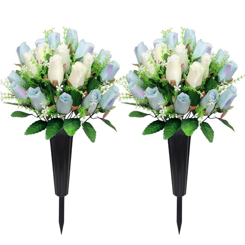 2 Sets Artificial Cemetery Flowers with Vase – Memorial Flowers Bouquet & Heavy-Ground Spike Vases – Fade-Proof, Windproof Grave Memorial Flowers for Cemetery Headstones Decoration (Blue white) - color: Blue White