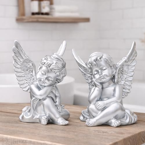 OwMell Set of 2 Cherub Angels Resin Statue Figurine, Indoor Home Decoration - color: Silver