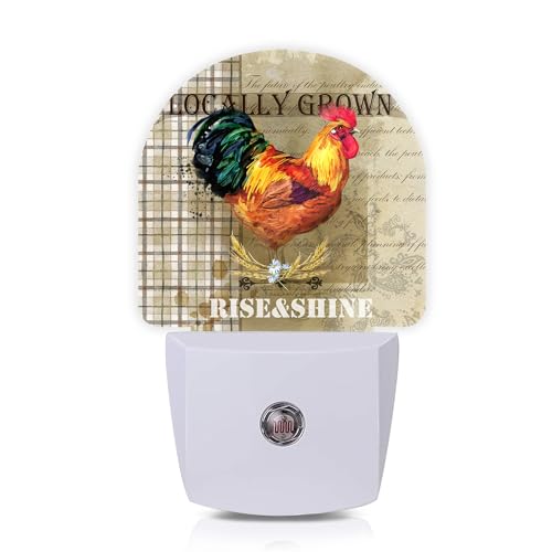 Vintage Rooster Farm Bird Night Lights Plug into Wall for Girls Boys Room,Night Light LED Lamp Dusk to Dawn Sensor Round Lamp for Bedroom Bathroom Hallway Home Wall Decor Nightlight - color: vintage Rooster Farm Bird