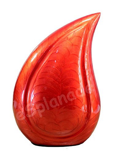 eSplanade Metal Cremation Urn Memorial Jar Pot Container | Full Size Embossed Urn for Ashes Funeral Burial | Teardrop Metal Urns | Red Fire - 10" Inches