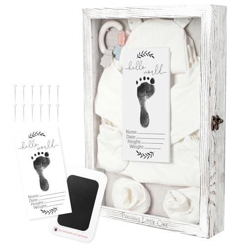 Jetec 12 x 16 Baby Shower Shadow Box Large Baptism Gift Baby Keepsake Box with Linen Back Hello World Newborn Sign Ink Pad Wood Memory Frame Case for Gender Reveal New Dad Mom Keepsake(Vintage White) - color: Vintage White