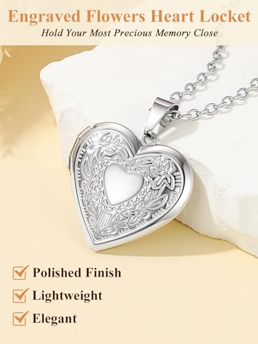 Custom4U Personalized Heart Locket Necklace with Pictures,Sunflower/Angel Wings/Heart Shaped Lockets Custom Photo,Gold/Rose Gold/White Lockets That Holds Picture,Customized Memorial Jewelry for Women - color: B-Heart-Steel(Locket Only)
