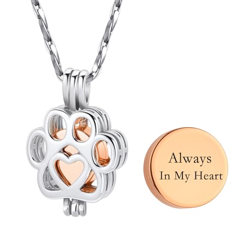 Paw Print Urn Necklace for Pet Ashes Stainless Steel Memorial Locket Cremation Jewelry Dog/Cat Keepsake Pendant with Mini Case Sympathy Gift for Pet Lovers Women Men - color: Silver-Rose Gold-Always In My Heart