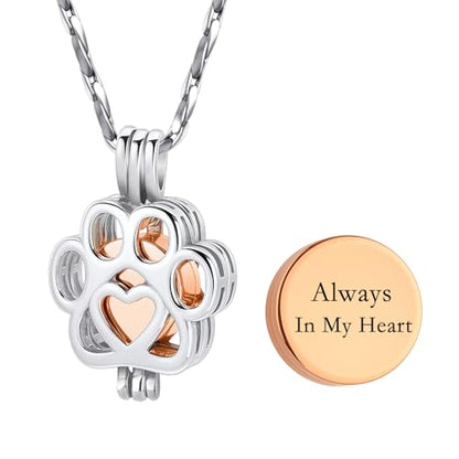 Paw Print Urn Necklace for Pet Ashes Stainless Steel Memorial Locket Cremation Jewelry Dog/Cat Keepsake Pendant with Mini Case Sympathy Gift for Pet Lovers Women Men - color: Silver-Rose Gold-Always In My Heart