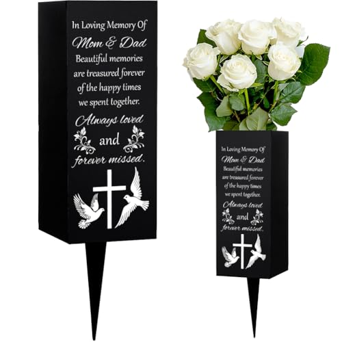WEBEEDY Cemetery Vases Mom & Dad Memorial Vases Grave Flower Holder with Spike, White Dove Cross Cemetery Decorations for Grave Outdoor Yard, Memorial Gift for Mother Father Loss,1 pc (3x8 Inch)