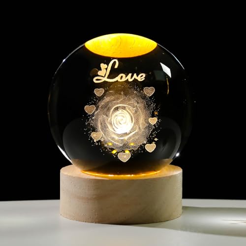 Arikyrist 3D Rose Crystal Ball Gift for Girlfriend, Laser Engraved Rose Flower Glass Sphere Home Decor, Crystal Ball Night Light with Wooden Light Base - color: 3d Rose