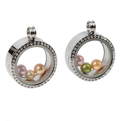 2PCS 30MM Floating Charm Locket Necklace with 6 Freshwater Pearls/Beads,316L Stainless Steel Clear Glass Locket,Small Waterproof Living Memory Pendant for Women(Without Chain) - color: Crystal Silver