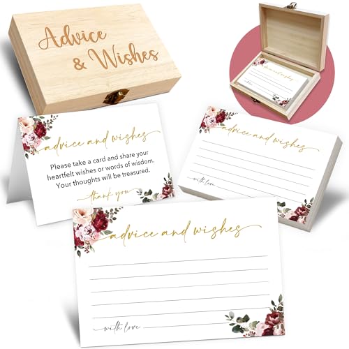 Advice and Wishes Cards Box – 50 Pcs Flowers Well Wishes & Wedding Advice Cards for Bride & Groom, Baby Shower, Birthday, Graduation, Wedding Reception, Retirement -A08 - color: Flowers, size: Set with Wooden Box