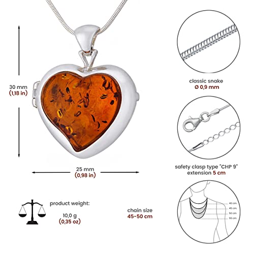 Women's Necklace, Medallion, Polished Sterling Silver with Protective Nanocoating, Amber Heart in Cognac Color, Silver Secret Pendant with Chain