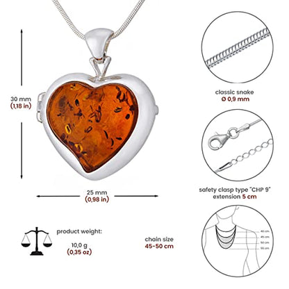 Women's Necklace, Medallion, Polished Sterling Silver with Protective Nanocoating, Amber Heart in Cognac Color, Silver Secret Pendant with Chain