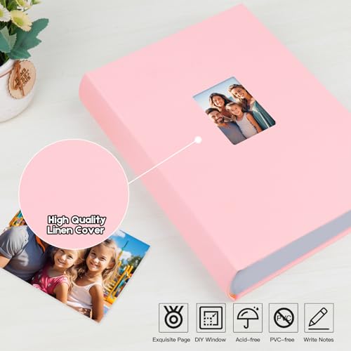 450 Pocket 4x6 Photo Album with Writing Space, Linen Cover, Pink - color: Pink