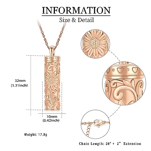 shajwo Cylinder Urn Necklace for Ashes for Women Men Sunflower Cremation Jewelry Vial Memorial Loved One Pendant - color: Full Rose Gold