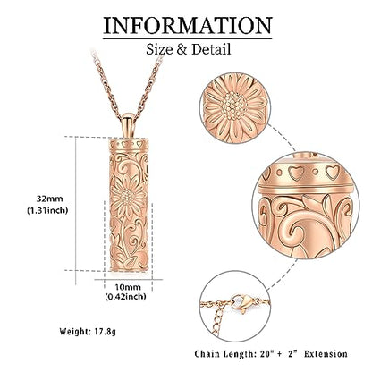 shajwo Cylinder Urn Necklace for Ashes for Women Men Sunflower Cremation Jewelry Vial Memorial Loved One Pendant - color: Full Rose Gold