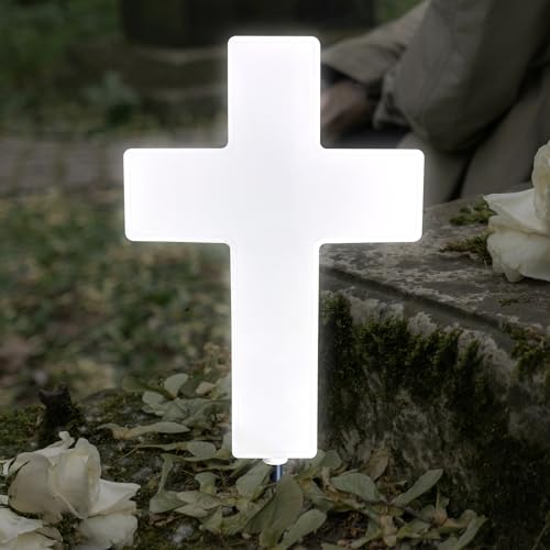 Solar Cross Light for Grave, Cemetery LED Memorial Stake Sympathy Gift - color: White