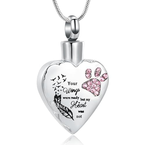 memorial jewelry Your Wings were Ready, But My Heart was Not Stainless Steel Carved Locket Cremation Urn Necklace for Pet Dog Cats - color: Your Wings-Pink