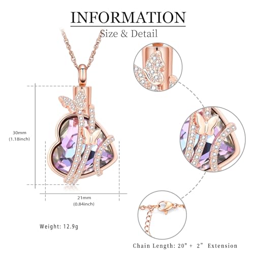 shajwo Butterfly Heart Urn Necklaces Cremation Jewelry for Ashes for Women Men Memorial Human Ashes Pendant - color: Rose Gold-Purple