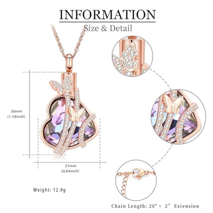 shajwo Butterfly Heart Urn Necklaces Cremation Jewelry for Ashes for Women Men Memorial Human Ashes Pendant - color: Rose Gold-Purple
