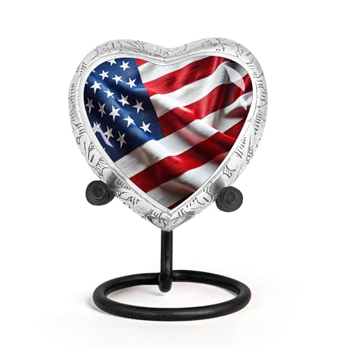 American Flag Heart Keepsake Cremation Urn for Human Ashes – Small Patriotic Memorial Burial Urn for Veterans, Men & Women, Aluminum Funeral Urn for Home Display - size: Small Heart