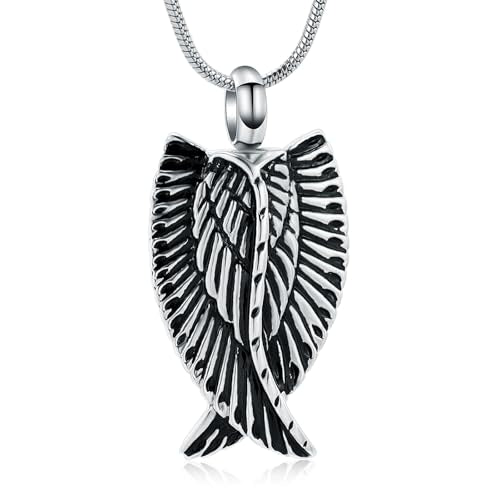 Angel Wings Cremation Jewelry Necklaces Stainless Steel Urn Necklaces for Ashes Memorial Keepsake Pendant for Women Men Gifts With Funnel Kit & Bag - color: SilverBlack