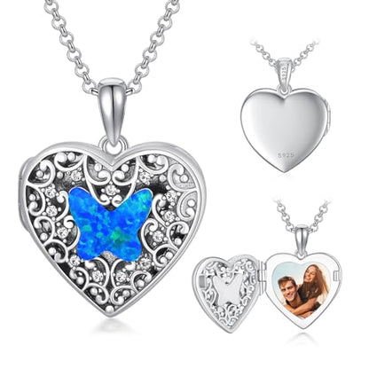 Dorunmo Personalized Locket Necklace 925 Sterling Silver that Holds Pictures Butterfly Birthstone Photo Heart Locket Custom Jewelry Congratulations New Beginnings New Job Gifts for Women - color: Butterfly Blue Opa, style: Personalized Photo + Text