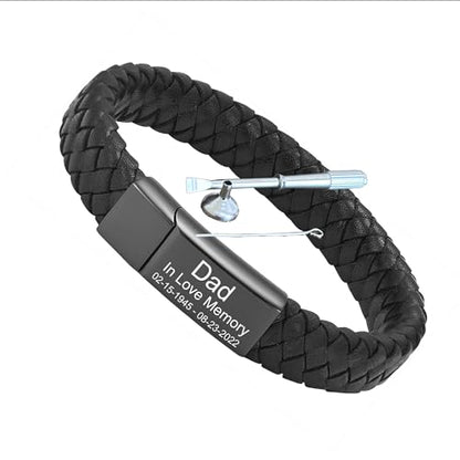 Personalized Cremation Jewelry Urn Bracelet for Ashes - Women Men Memorial Braided Blue & Black Leather Cuff Bangle with Engraving