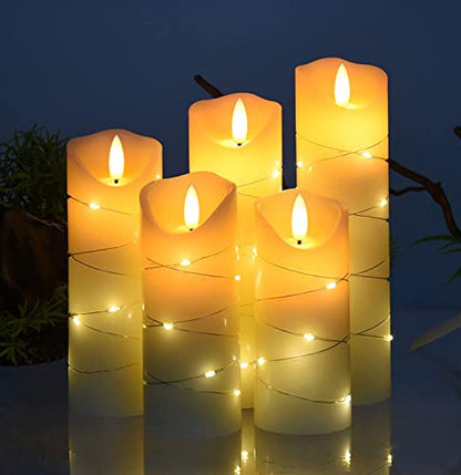 danip flameless Candle, with Embedded String Lights, 5-piece LED Candles, with 10-Key Remote Control, 24-Hour Timer Function, Dancing Flame, Real Wax, Battery-Powered. (Ivory White) - color: WhiteH#1*5