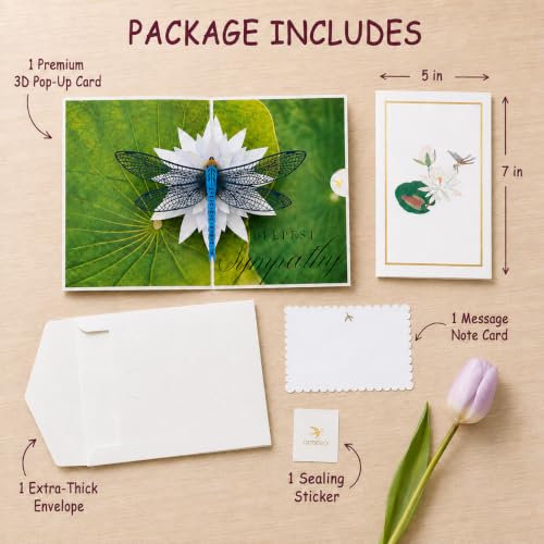 Pop Up Sympathy Card, 3D Dragonfly Waterlily, Sorry for Your Loss Card | Beautiful PopUp Sympathy Cards for Loss of Loved One, Mother, Father, Mom, Dad, Child, Sister, Condolence Card w Envelope - color: AFL DRAGONFLY SYMPATHY