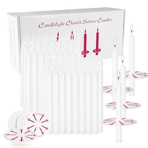 150 Pack Church Candles Bulk – 5 Inch Unscented White Taper Candles with Drip Protectors, Smokeless Prayer Candles for Vigil, Memorial Services, Shabbat, and Religious Ceremonies - color: white-paper tray, size: 4.7IN