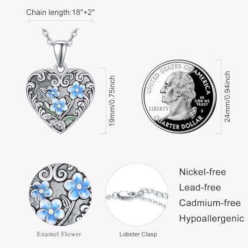 TANGPOET Heart Locket Necklace for Women 925 Sterling Silver Photo Locket Holds Two Pictures Inside Memorial Keepsake Jewelry Gifts for Mothers Day Birthday Christmas - style: A01-Forget Me Not