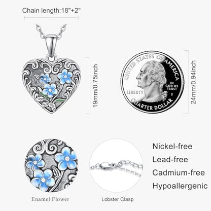 TANGPOET Heart Locket Necklace for Women 925 Sterling Silver Photo Locket Holds Two Pictures Inside Memorial Keepsake Jewelry Gifts for Mothers Day Birthday Christmas - style: A01-Forget Me Not