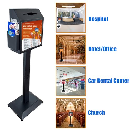 Floor Standing Metal Suggestion Box with Lock & Display Holder | Offering & Collection Box for Churches, Offices, Schools, Reception Areas, Donations, Ballots & Events - color: Matte Black