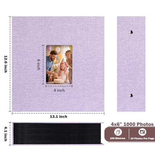 Ruibytree Extra Large Capacity Photo Album 4x6 Pictures 1000 Pockets,Purple | Linen Cover, Horizontal & Vertical 4x6 Photos, Removable Acid-Free Pages, Front Display Window, for Family, Wedding & Travel - color: Purple