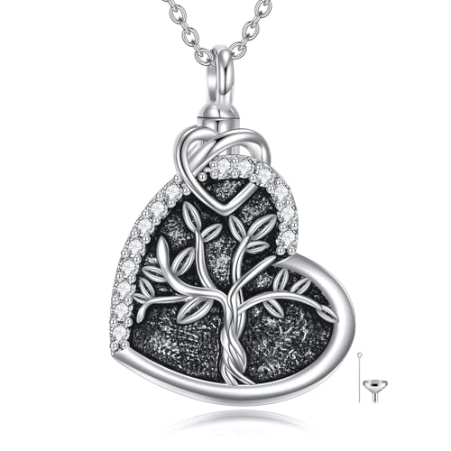 Tree of Life Urn Necklace for Ashes, S925 Sterling Silver Hummingbird/Cross/Love Heart Pendant Cremation Jewelry with Funnel Filler Memorial Keepsake Gifts for Women Men - color: Tree of Life Urn Necklace